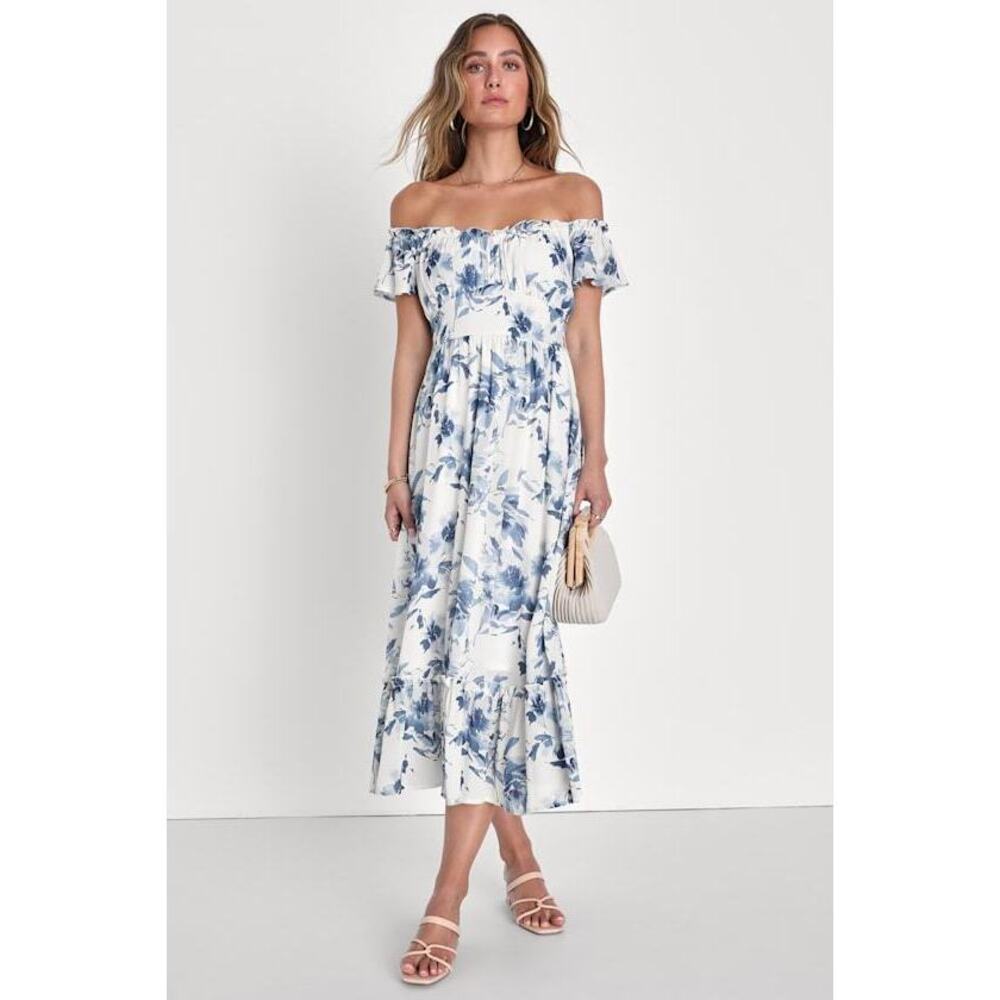 Lulus Delightfully Sweet White Floral Off-the-shoulder Midi Dress - Size S